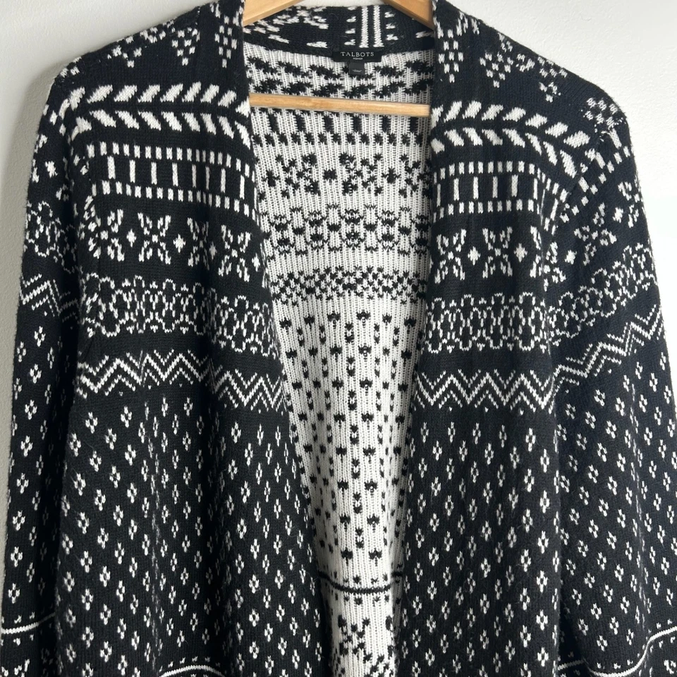 Cárdigan Suéter Talbots Para Mujer 1X (XL) Negro Blanco Fair Isle Tejido Frente Abierto Foto 2 de 4