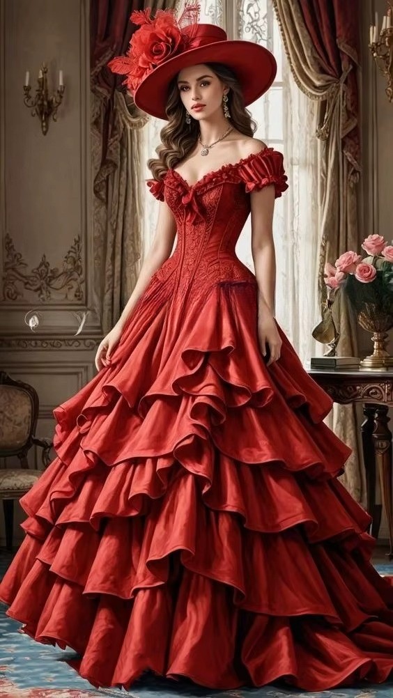 Elegante Vestido de Baile Rojo Medieval Vintage Corsé Victoriano Satén ALine Largo