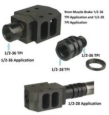 Tanker Style 1/2x28 TPI 9mm Muzzle Brake W/ 1/2x28 To 1/2x36 Thread Converter