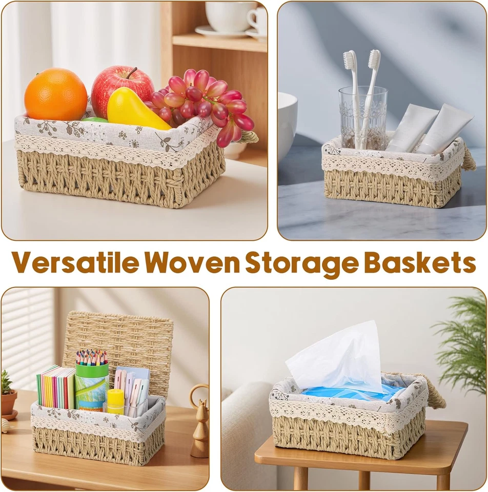 Set Di 3 Cestino Portaoggetti Con Coperchio, Cestini Vimini Intrecciato a Mano, - Immagine 4 di 4