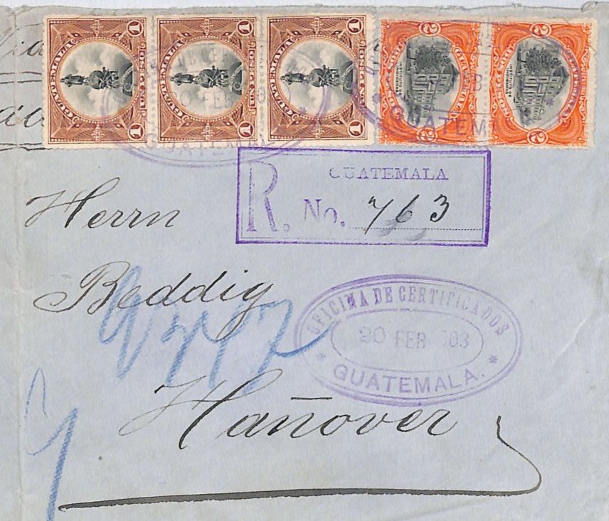 GUATEMALA TRANSATLANTIC Cover 7 Pesos HIGH RATE Reg Mail 1903 Germany TVM114