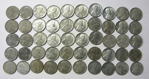 1943 P & D STEEL LINCOLN WHEAT PENNY ROLL of 50 coins, circulated good condition