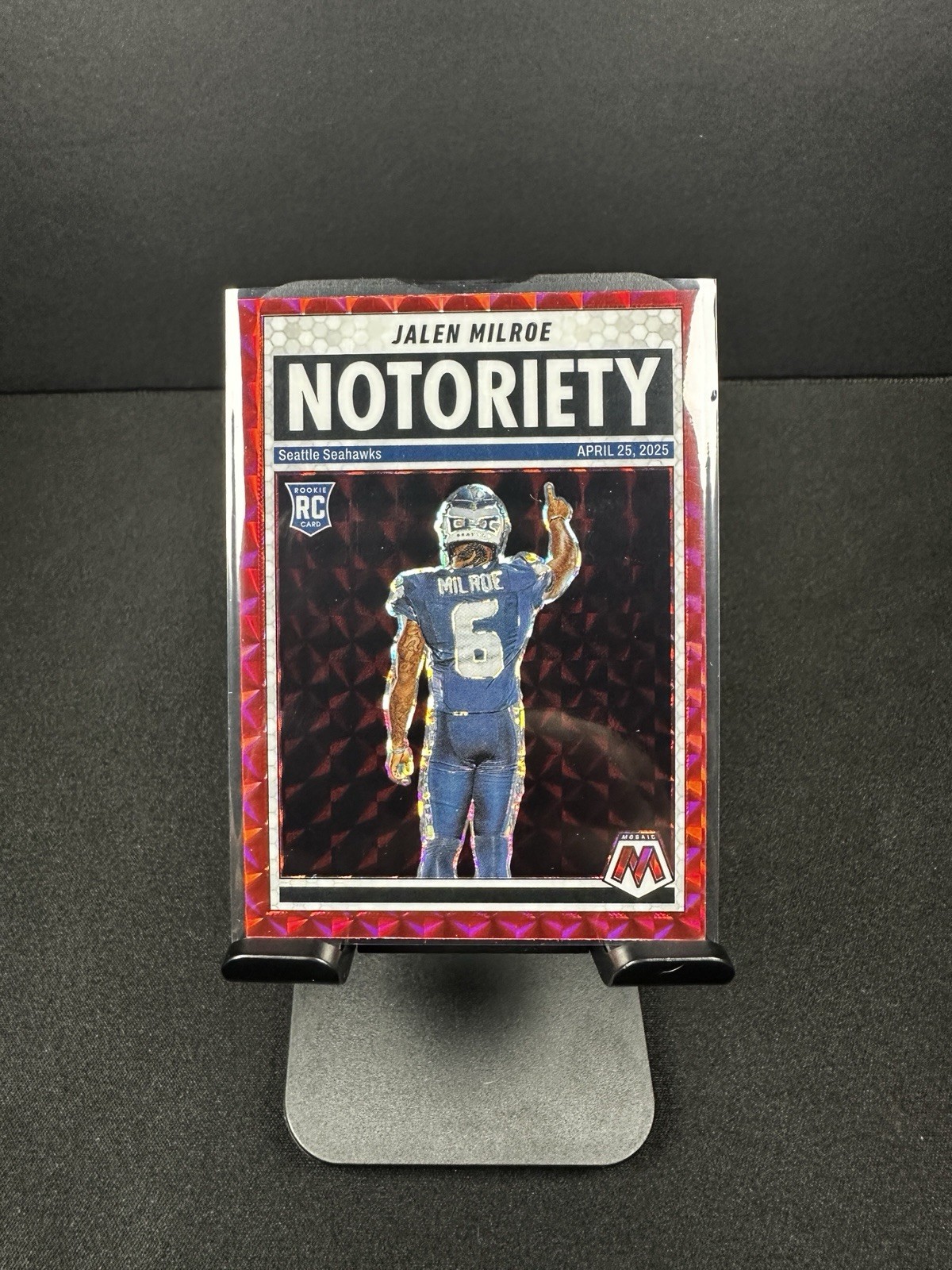 2025 Panini Mosaic Jalen Milroe #15 Notoriety Red Mosaic Prizm Insert RC Seahawk