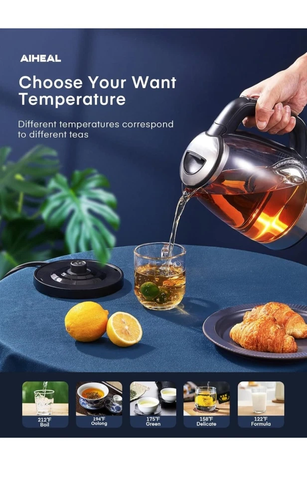 Hervidor eléctrico de vidrio 1,7 L, caldera de agua caliente con 1500 W de ebullición rápida/5 ajustes preestablecidos Foto 3 de 4