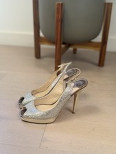 Jimmy Choo Silver Glitter Slingback Peep Toe Stiletto Heels Women EU 39.5