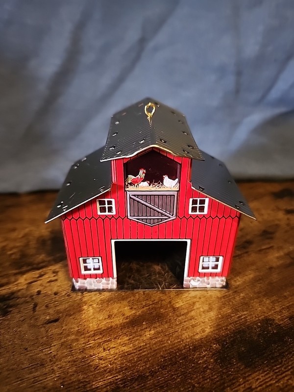Vintage Hallmarf Red Barn Ornament. Pressed Tin Christmas 1999 