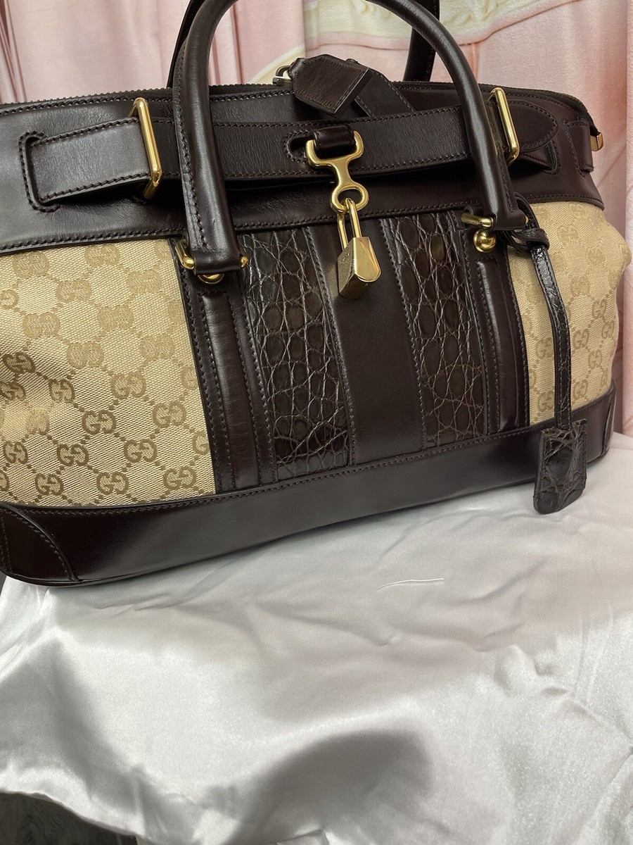 Gucci Monogram Crocodile Web Secret Top Handle Satchel Brown