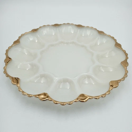 Vintage Anchor Hocking Milk Glass Gold Edge 10" Deviled Eggs Plate