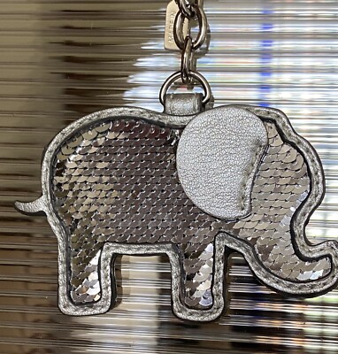 NEW COACH POPPY METALLIC SILVER SEQUIN KEYCHAIN BAG CHARM FOB