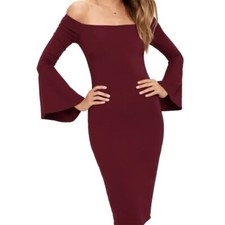 Lulus All She Wants Burgundy Off Shoulder Bell Sleeve Bodycon Midi Dress LARGE