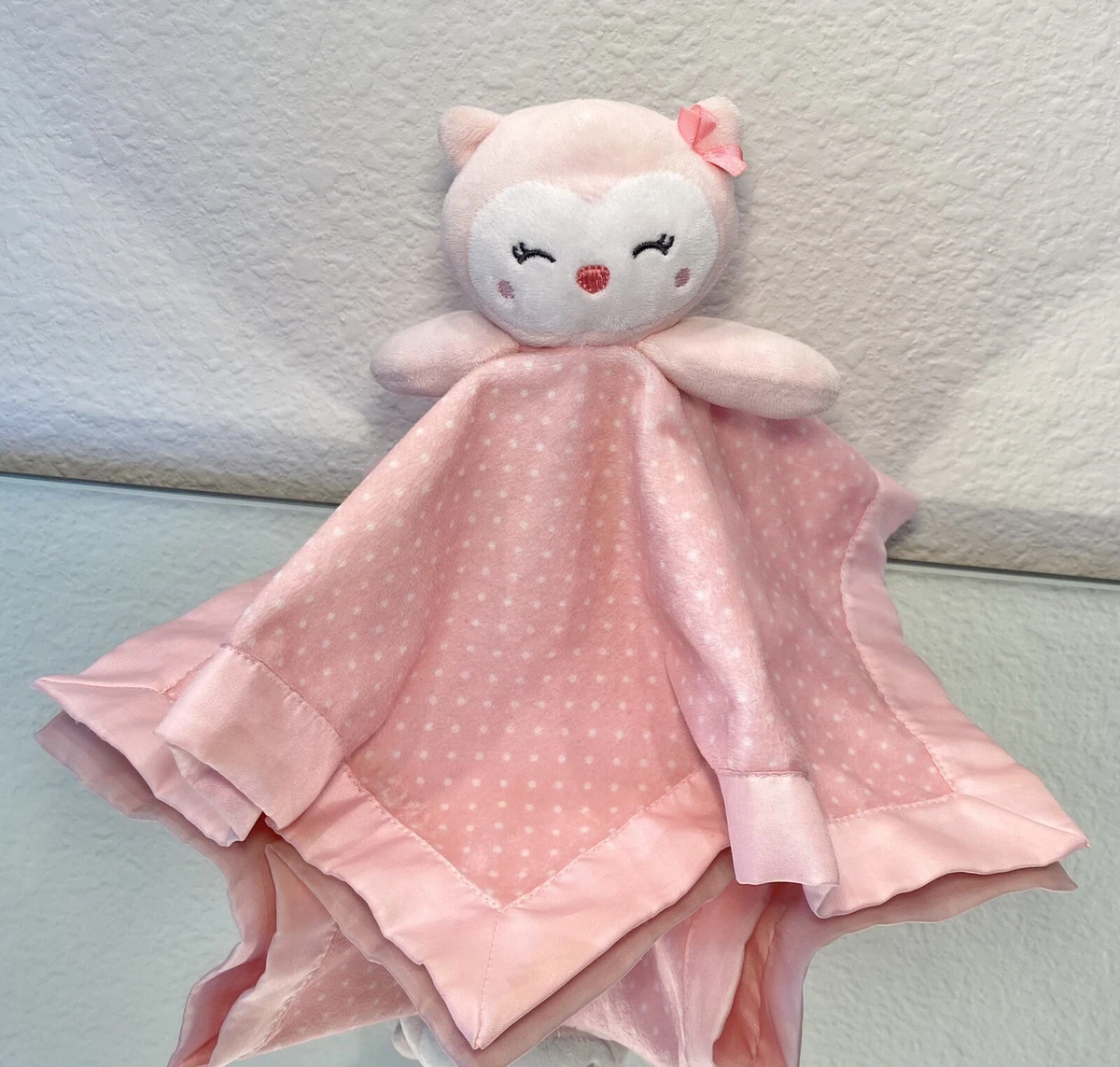 Carters Child of Mine Owl Lovey Security Blanket Pink Polka Dots Satin Fleece