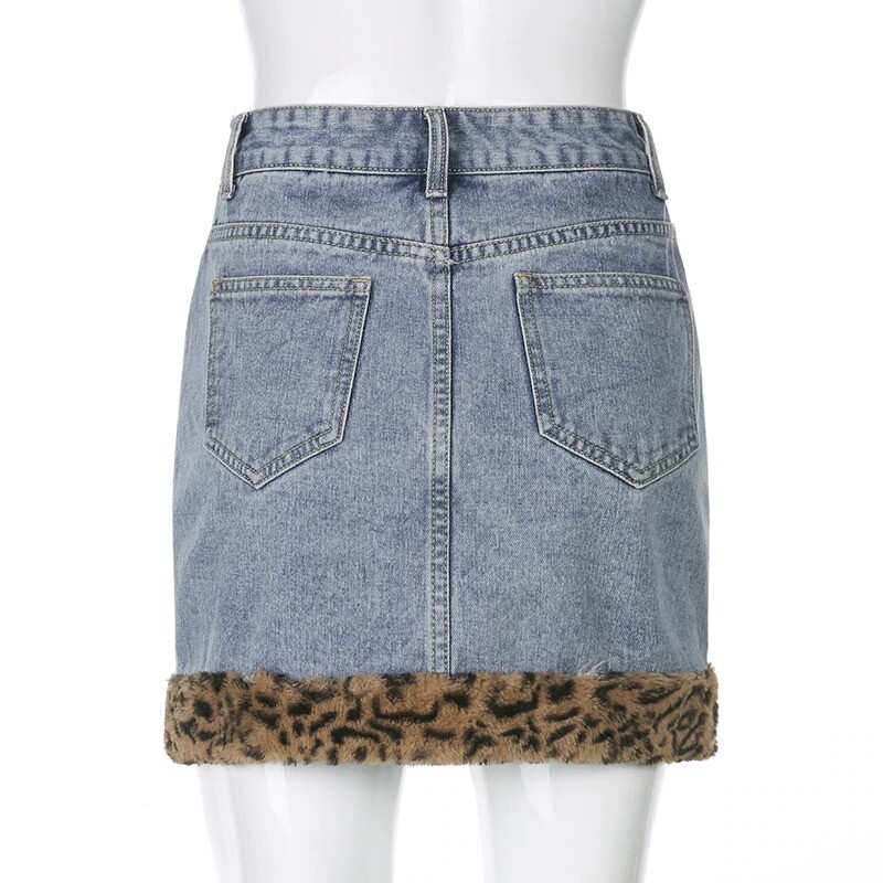 スカート and mary Fur pocket denim skirt M Leopard Fur Trim High Waist Denim Skirt Summer Vintage Animal