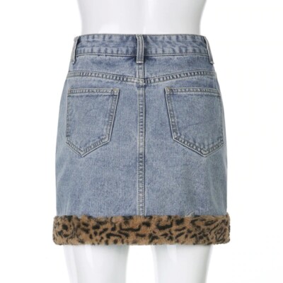 Leopard Fur Trim High Waist Denim Skirt Summer Vintage Animal