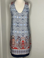 ONE CLOTHING Women's Sleeveless Shift Dress Sz L Cut Out Blue Print EUC