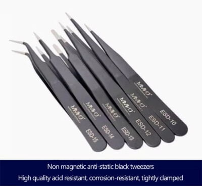 Black ESD10/11/12/13/14/15 Curved Straight Flat Clip Tempered Precision Tweezers
