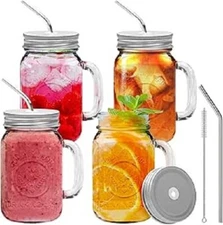 4 set 16OZ Brimley Mason Jar Mugs with Glass Handles and Metal Straws