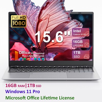 15.6'' FHD Laptop-Intel Core N100-16GB RAM  1TB SSD-Microsoft Office-Win11 Pro