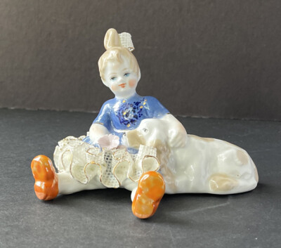Vintage ''Elena Jiauu'' Porcelain Hand Painted Girl & Dog LICORN Romania Deva RARE