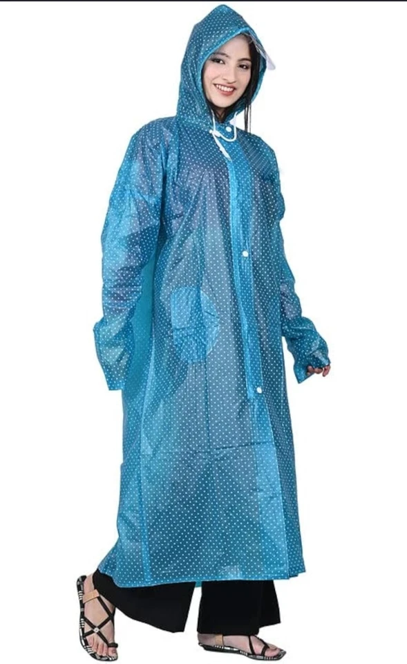 Women Polka Dot Blue Raincoat Hooded Waterproof Jacket XXL Size Lightweight 1pc - Image 4 of 4