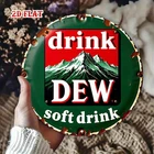 1pc Vintage Drink Dew Mountain Decor Round Tin Metal Signs - Red & Green Retro B