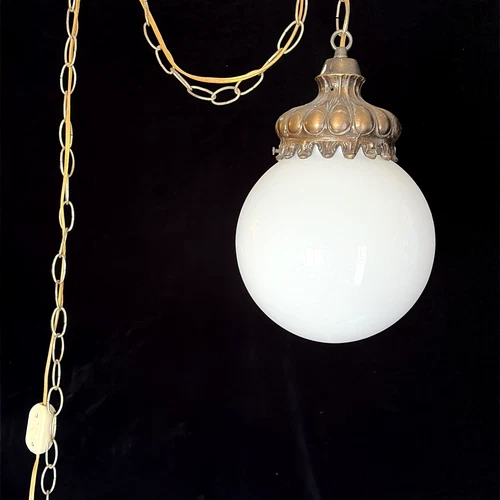 Vintage Hollywood Regency Hanging Swag Lamp Milk Glass Globe Shade