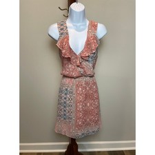 BCBGeneration Pink Boho Chiffon Mini Dress Deep V Ruffle Detail Size M