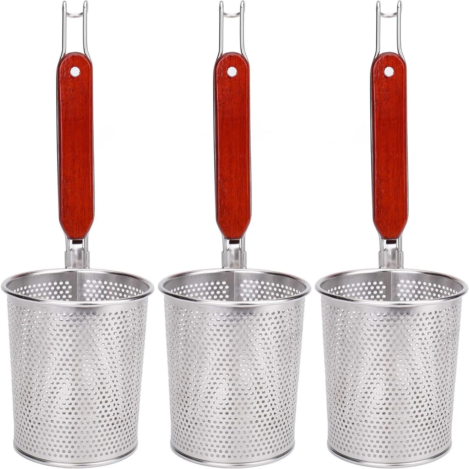 3 Pack Pasta Basket Strainer, Stainless Steel Mesh Noodle Strainer with Woode...