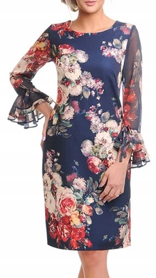 Carla Moreno Olga Etuikleid Midi Chiffon Langarm Volant Muster Größen 42-56 - Bild 1 von 4