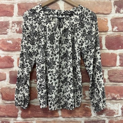 Express Top Shirt Womens Small White Black Floral Vine Boho Peasant Tie Neck
