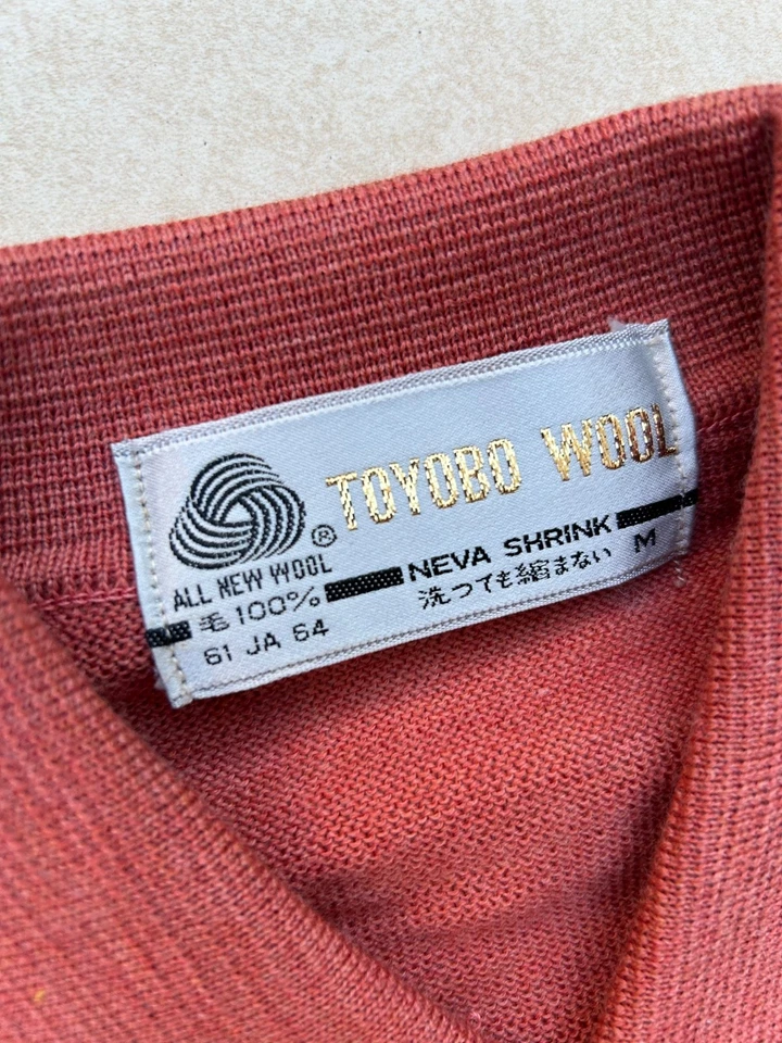 Vintage 90s Japanese New Wool Long Sleeve Orange Textured Knit Polo M Toyobo - Image 2 of 4