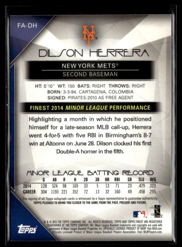 2015 Finest Autographs Orange Refractor Dilson Herrera Rookie Auto 25/25 New - Image 2 of 2