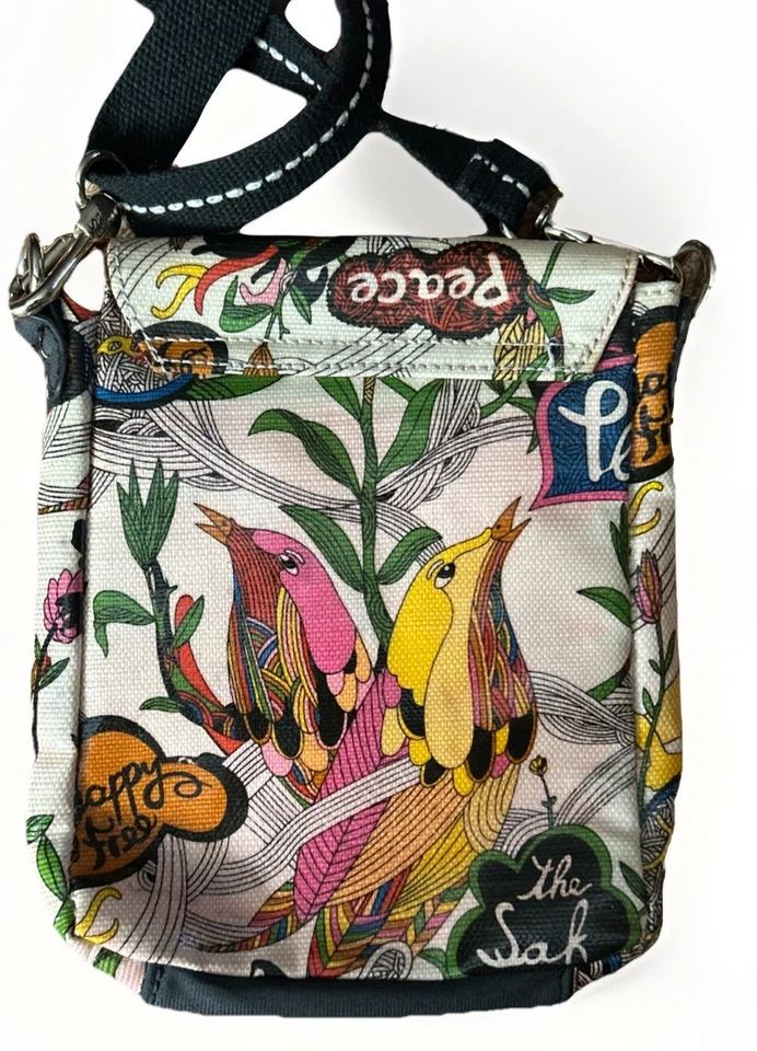 Sakroots Small Flap Crossbody Bag Multicolor Birds Peace Love Phone Wallet Purse - Image 3 of 4