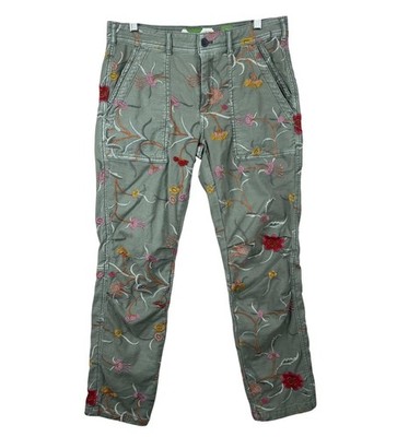 Anthropologie The Wanderer Pants Womens 28 Green Embroidered Floral Chino Twill