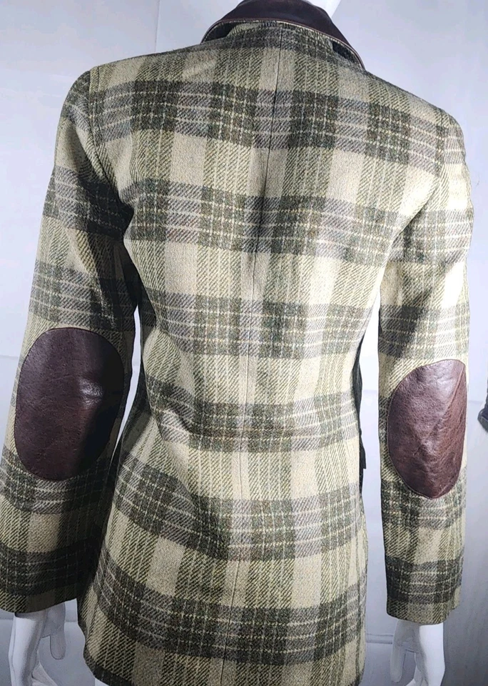 VTG 90s Ellen Tracy Women's Plaid 100% Wool Blazer Jacket Leather Accents - Image 4 of 4