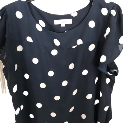 Loft XL Navy Blouse White Circles Flutter Sleeve Gathered Yolk Bust:51  L:28 