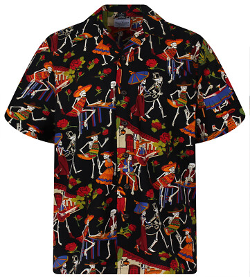 Original David Carey Hawaiihemd Day of the Dead Skeletons Schwarz 