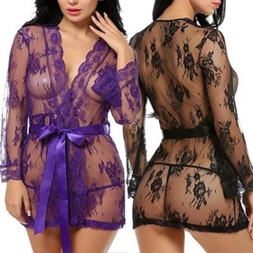 Women's Sexy Lingerie Sleepwear Lace Kimono See-through Robe Babydoll Nightgown
