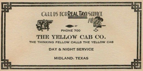 1940's Midland Texas - The Yellow Cab Company - Unused Postcard