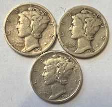 1931-S, 1935-S, 1944-S, SET OF 3 MERCURY DIMES, COINS SAME AS SHOWN IN PHOTO #37