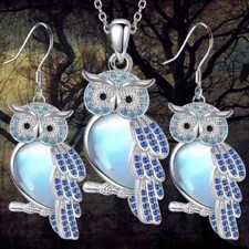 Cute Rhinestone Owl Pendant Necklace/ Earrings Set