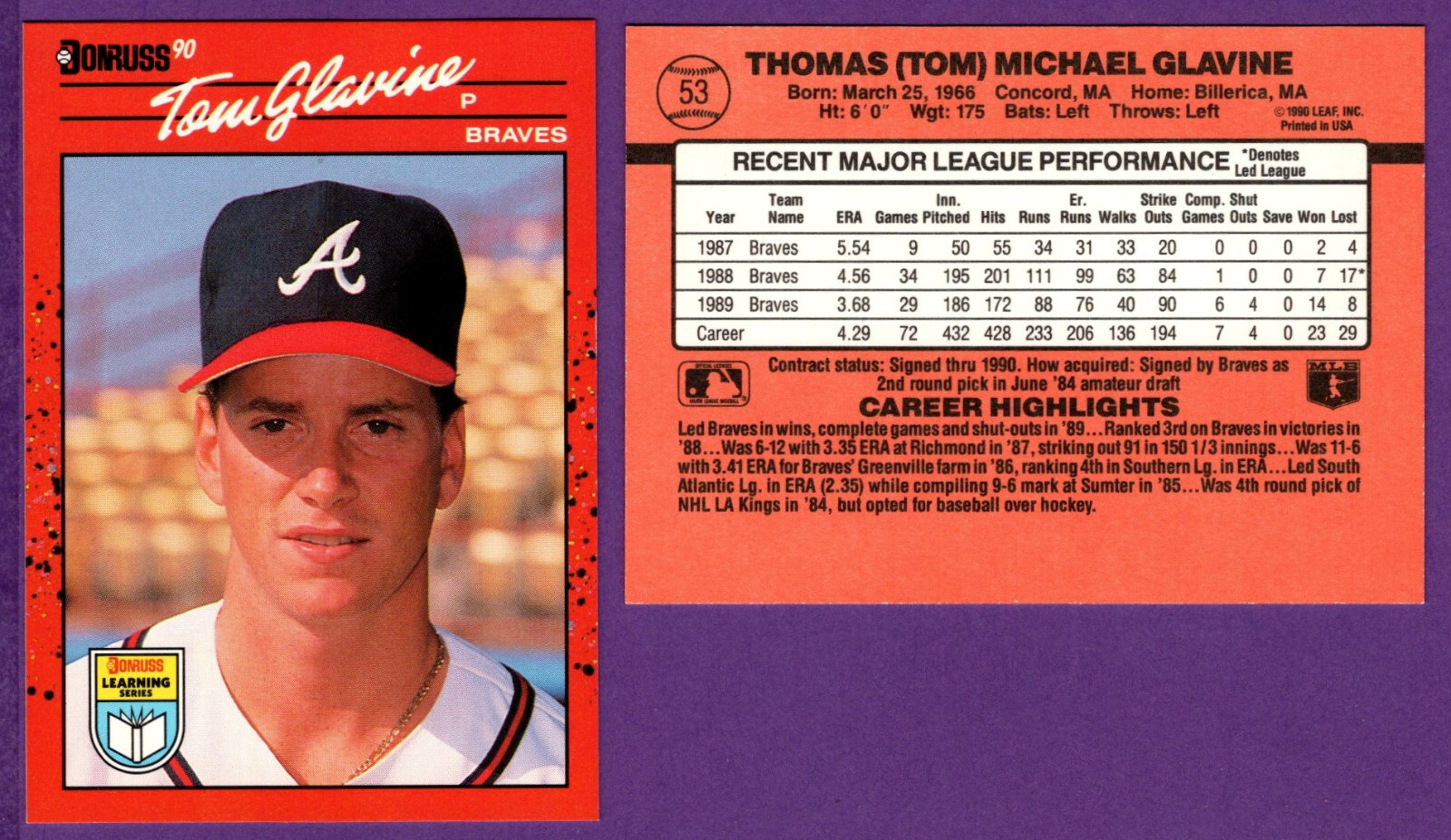 Tom Glavine #53 Baseball Cards 1990 Donruss Learning Series trading card — raw and PSA graded price guide