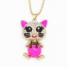 Clear Crystal Enamel Cute Cat Animals Pendant Sweater Chain Necklace Women Gift
