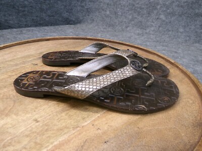 Tory Burch Thora Thong Flip Flop Sandal Snakeskin Silver Black Gunmetal Size 6 M