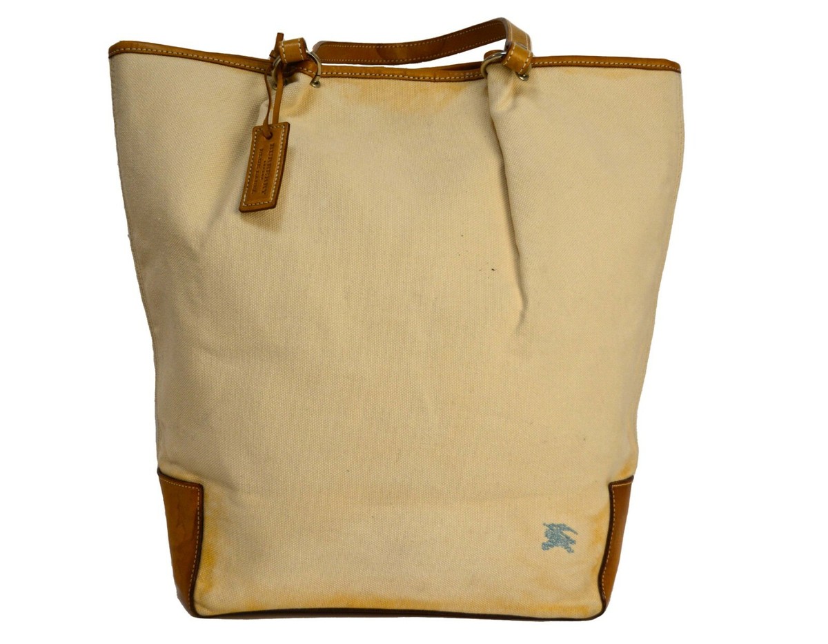 Burberry London Blue Label Canvas Beige Brown Leather Tote Hand