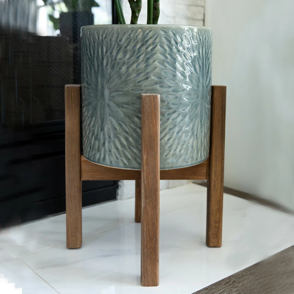 Maceta de cerámica Flora Bunda Mid Century 2 piezas 10" y 8" Sunburst sobre soporte de madera Foto 4 de 4