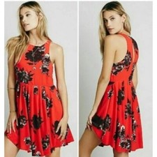 Free People Womens Flutterby Cherry Red Black Floral Fit and Flare Dress Size 2