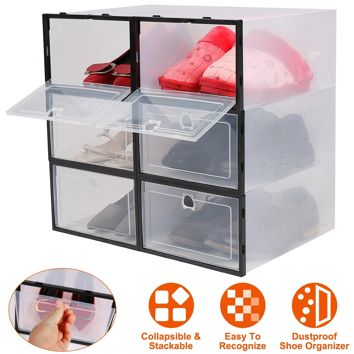 8-Pair White Foldable Stackable Storage Plastic Shoe Boxes