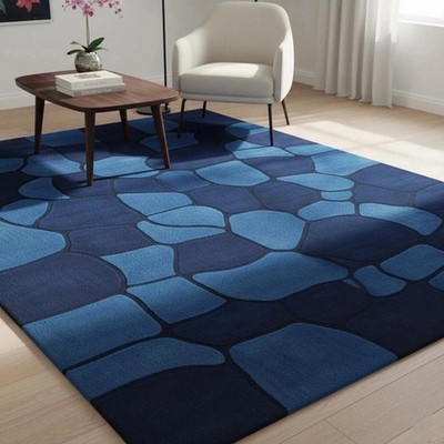 Hand Tufted Blue Abstract Rug Modern Geometric Accent Carpet for living room