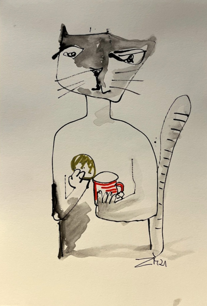 Gato con Café Cocina Tinta Original Dibujo Arte Ilustración DinA4