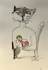 Katze mit Kaffe Küche Tusche Original Zeichnung Kunst Illustration DinA4